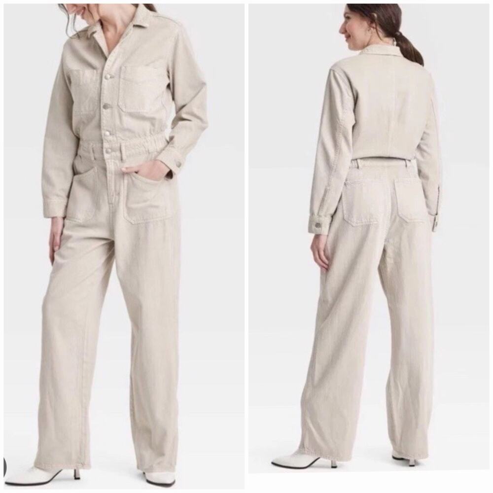 Universal Thread Utility Jumpsuit Women’s 6 Beige Wide Leg Button Front